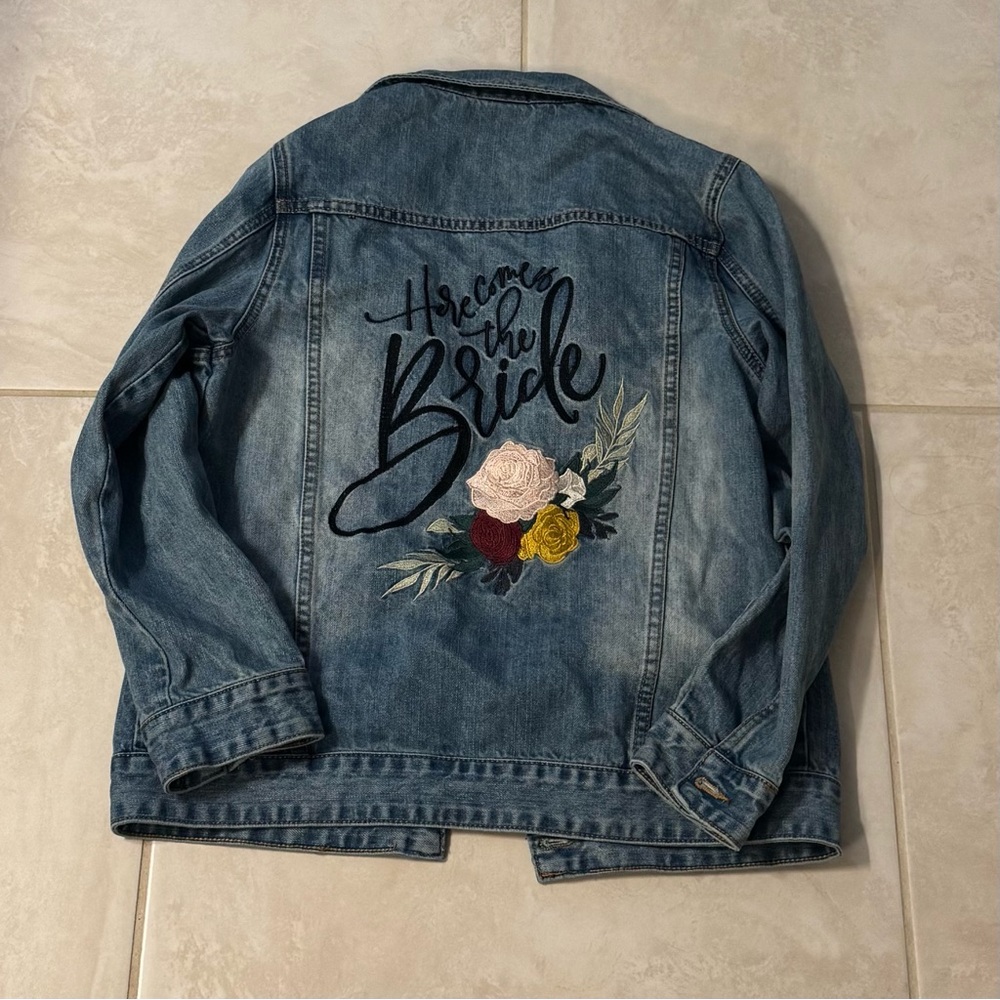 BHLDN “Here comes the bride” Blue Jean Jacket with Floral Embroidery